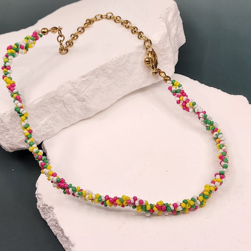 Multicolor Seed Bead Necklace Pink Green Yellow White Twisted Strand Boho Y2K